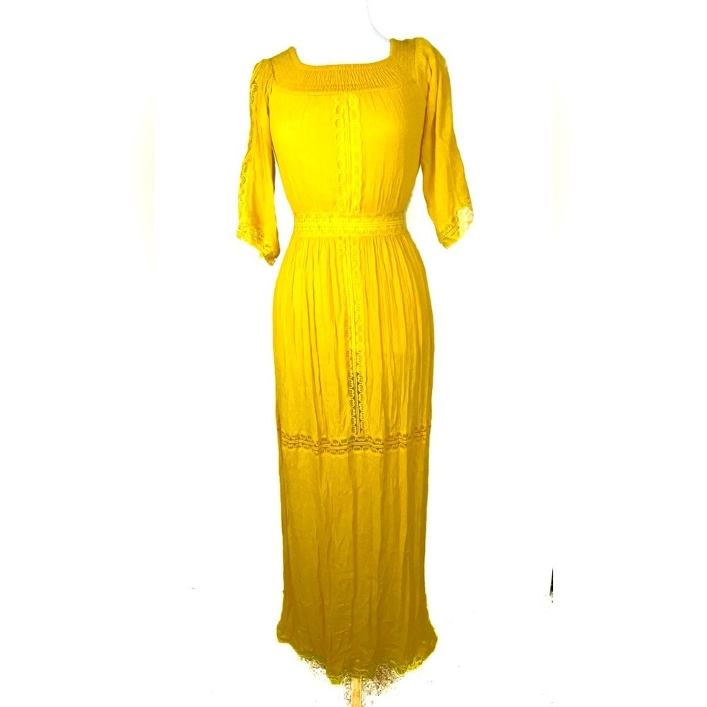 Boohoo Mustard Yellow Maxi Boho Summer Dress with Lace Trim - Size US 2 - Picture 1 of 8